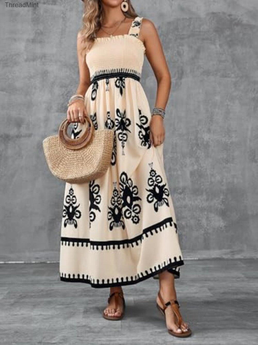 Square Neck Boho Maxi Dress Casual Long Spring Summer Sundress - Picture 3 of 7